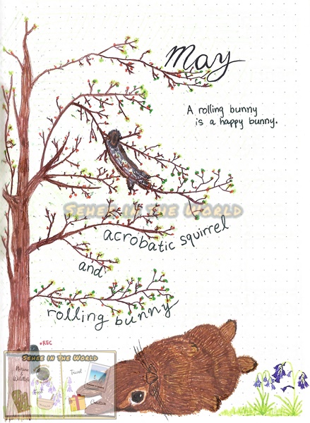 Bullet journal cover ideas for wildlife lovers - my May page design: acrobatic squirrel and rolling bunny, drawn by. Sehee in the World